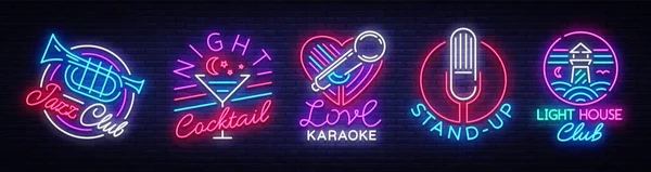 Coleção de logotipo em estilo neon. Neon Signs Collection Jazz Club, Cocktail noturno, Karaoke, Stand Up, Lighthouse Night Club. Vida noturna, sinalização de néon, publicidade brilhante. Ilustração vetorial —  Vetores de Stock