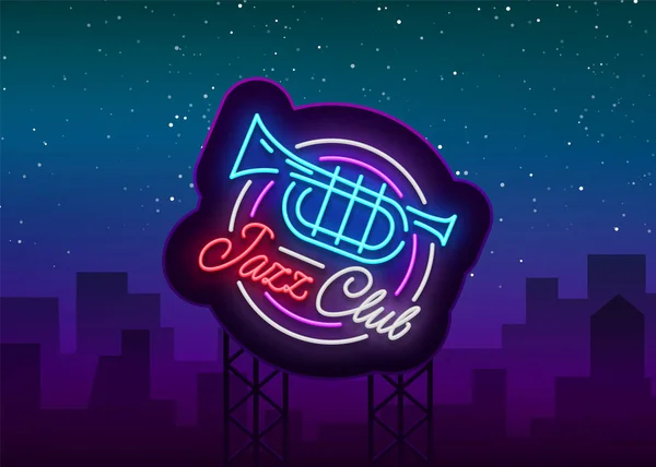 Jazz Club Neon Vector. Tanda Neon, Logo, Brilliant Banner, Bright Night Advertising untuk proyekmu di Jazz Music. Musik langsung - Stok Vektor