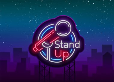 Stand Up komedi Show bir neon işarettir. Neon logo, sembol, parlak ışıklı afiş, neon tarzı poster, parlak gece reklam. Gösterisini hazır. Komedi göstermek için davet. Vektör