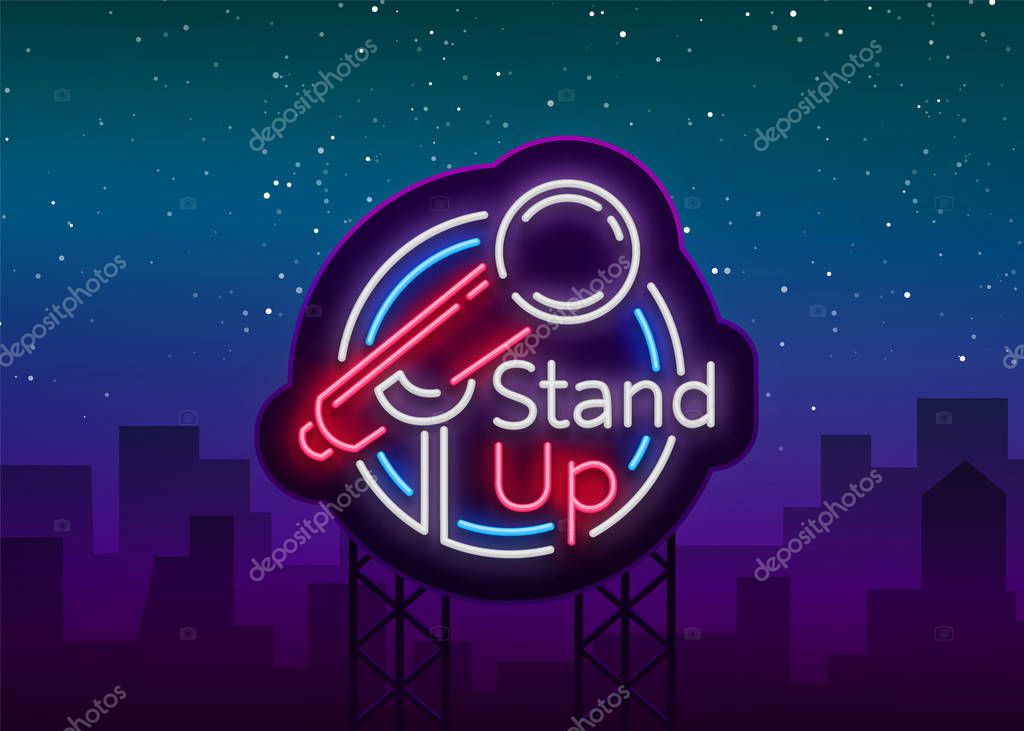Stand Up Comedy Show is a neon sign. Neon logo, symbol, bright luminous banner, neon-style poster, bright night-time advertisement. Stand up show. Invitation to the Comedy Show. Vector.