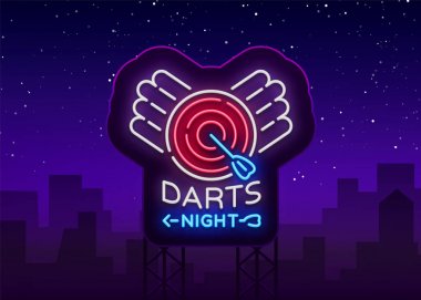 Neon tabela Dart. Vektör çizim. Parlak gece Dart reklam, neon logo, sembol, hafif afiş tasarım şablonu projeleriniz için. Billboard