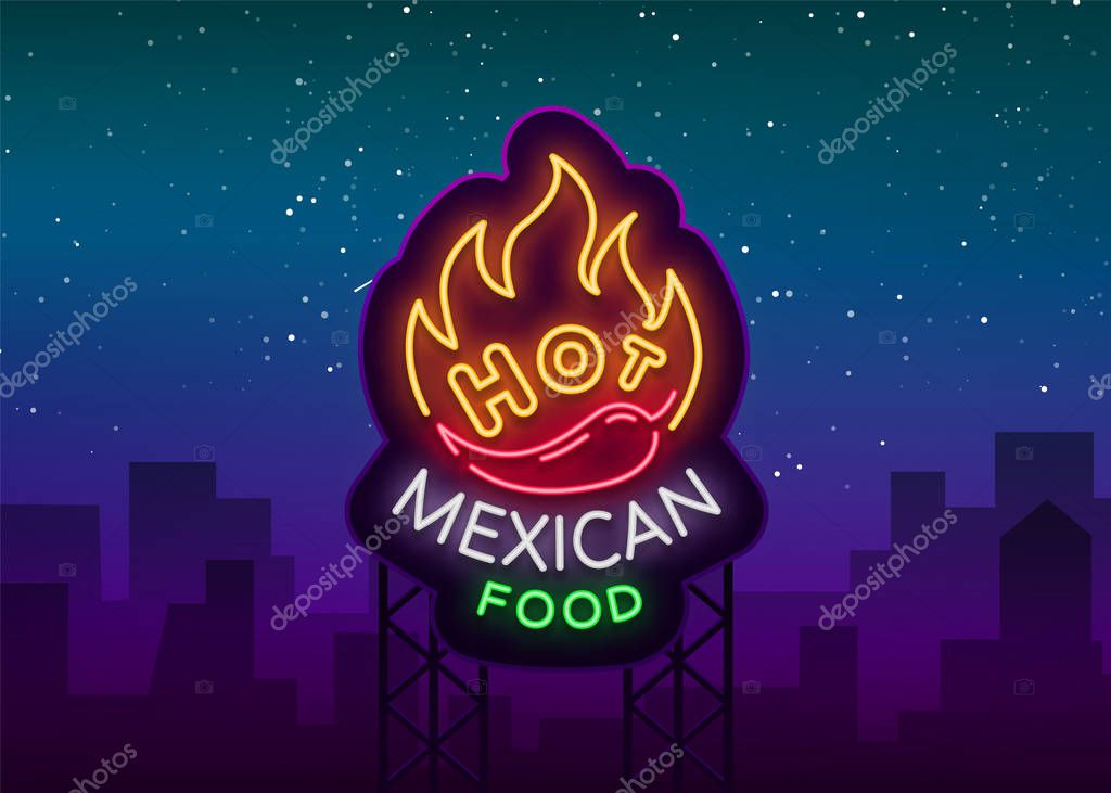 Mexican hot food logo in neon style. Neon sign, design template for Mexican restaurant, cafe, bar. Bright glowing banner, nightlife advertisement, neon billboard. Vector illustration.