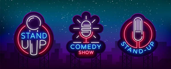 Comedy Show Stand Up Колекція запрошень неонових знаків. Набір логотипів, Emblem Яскравий флаєр, легкий плакат, неоновий банер, яскрава реклама вночі, листівка, листівка. Векторні ілюстрації — стоковий вектор