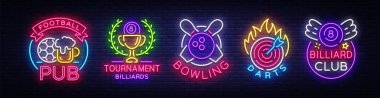 Logo neon tarzı koleksiyonunda. Neon işaret futbol Pub, Bilardo, bowling, Dart ayarlayın. Gece hayatı, Neon tabela, tasarım öğeleri, parlak projeleriniz için reklam banner. Vektör çizim