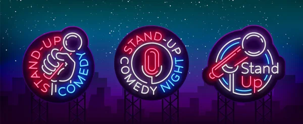 Stand Up Comedy Show adalah koleksi papan reklame neon. Kumpulan logo neon, simbol, spanduk cahaya terang, poster bergaya neon, iklan malam hari Stand up the show. Vektor - Stok Vektor