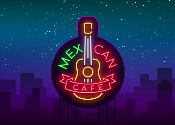 Kafe Meksiko adalah lampu neon. Tanda cahaya terang, spanduk neon, logo bercahaya, simbol, iklan malam makanan Meksiko. Desain templat untuk proyek Anda. Ilustrasi vektor - Stok Vektor