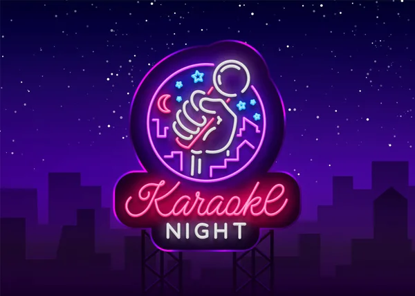 Karaoke night vector. Neon sign, luminous logo, symbol, light banner. Advertising bright night karaoke bar, party, disco bar, night club. Live music. Design template. Billboard — Stock Vector