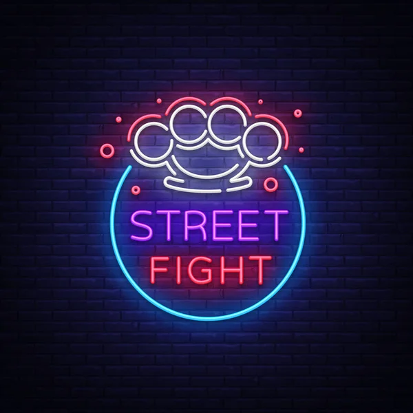Street fight logo in neon style. Fight Club neon sign. Logo with brass knuckles. Sports neon sign on night fighting, mixed fighting, MMA. Light banner, night bright advertising. Vector illustration