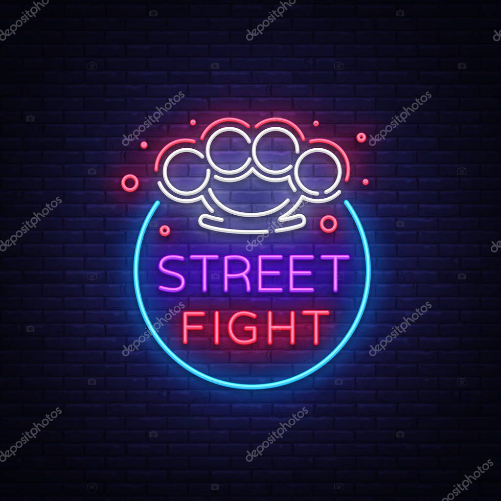 Street fight logo in neon style. Fight Club neon sign. Logo with brass knuckles. Sports neon sign on night fighting, mixed fighting, MMA. Light banner, night bright advertising. Vector illustration.