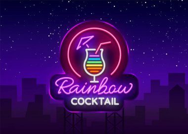 Kokteyl logo neon tarzı. Gökkuşağı kokteyl. Neon tabela, tasarım şablonu içecekler, alkollü içecekler. Işık afiş, kokteyl bar, parti reklam parlak gece lambası. Vektör. Billboard