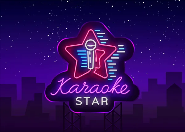 Karaoke Star Vector. Tanda neon, logo bercahaya, simbol, spanduk cahaya. Iklan malam yang cerah karaoke bar, pesta, bar disko, klub malam. Musik langsung. Templat desain. Billboard - Stok Vektor