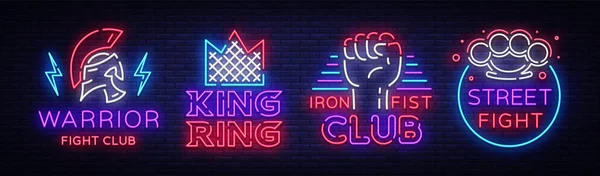 Fight Club collection enseignes au néon. Set logo dans le style néon. Modèle de conception. King of the Ring, Warrior, Iron Fist, Street Fight MMA. Bannière lumineuse, publicité au néon de nuit lumineuse. Illustration vectorielle — Image vectorielle