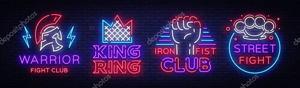 Fight Club collection neon signs. Set logo in neon style. Design template. King of the Ring, Warrior, Iron Fist, Street Fight MMA. Light banner, bright night neon advertisement. Vector illustration.
