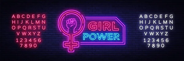 Girls Power Leuchtreklame. modischer Slogan feministischer Slogan, Leuchtbanner im Neonstil, nächtliches helles Schild. Vektorillustration. Bearbeiten von Text Leuchtreklame — Stockvektor