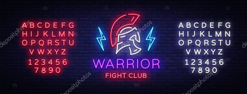 Fight Club neon sign. Warrior logo in neon style. Design template, sports logo, Spartan warrior. Night Fight, MMA. Light banner, bright night neon advertisement. Vector. Editing text neon sign.