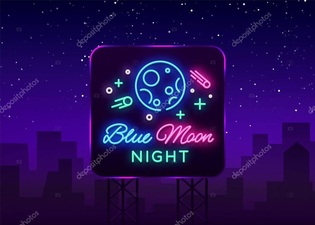 Blue Moon Night Club Logo in Neon Style. Neon Sign, Light Banner, Night Bright Night Club Advertising. Disco. Design template for invitation party. Vector illustration. Billboard.
