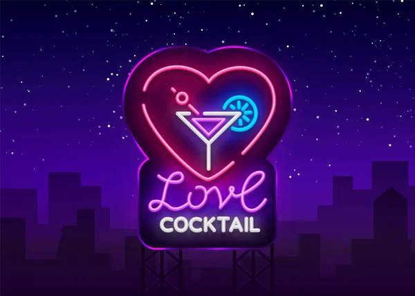 Logo de cóctel en estilo neón. Un cóctel de amor. Signo de neón, plantilla de diseño para bebidas, bebidas alcohólicas. Banner de luz, publicidad brillante luz nocturna para bar de cócteles, fiesta. Vector. Cartelera — Vector de stock