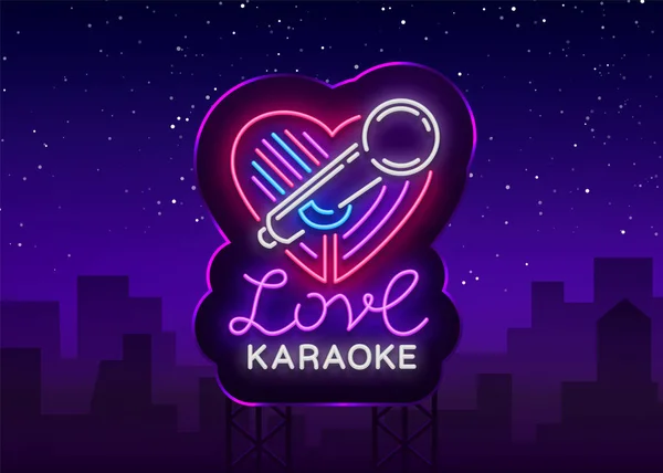 Logo Karaoke Love in stile neon. Insegna al neon, brillante notte al neon pubblicità Karaoke. Bandiera leggera, cartellone luminoso di notte. Illustrazione vettoriale. Cartellone — Vettoriale Stock