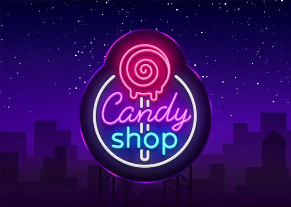Bonbonladen-Logo im Neon-Stil. Laden Süßigkeiten Leuchtreklame, Banner Licht, helle Neon Nacht Süßigkeiten Werbung. Designvorlage für Ihre Projekte. Vektorillustration. Plakatwand — Stockvektor