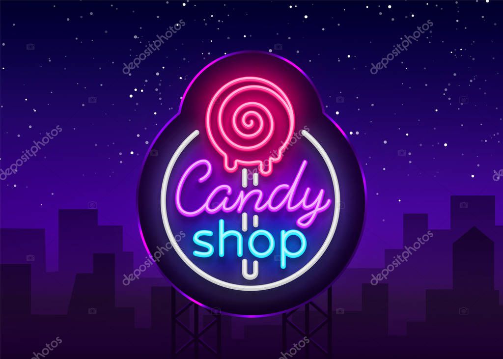 Candy shop logo in neon style. Store sweets neon sign, banner light, bright neon night sweets advertising. Design template for your projects. Vector illustration. Billboard.