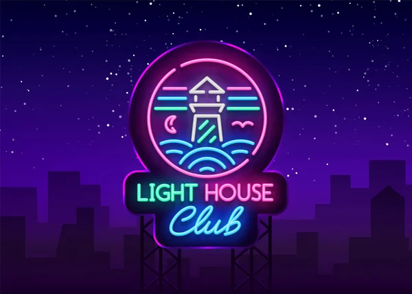 夜クラブ灯台ネオンサイン。ネオンのスタイル、シンボル、ナイトクラブ、夜パーティー広告、ディスコ、お祝い用のデザイン テンプレートの灯台のロゴ。ネオン バナーはがき。ベクトル。ビルボード — ストックベクタ
