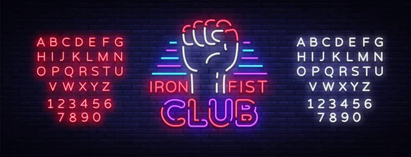 Klub pertarungan Logo dalam gaya Neon. Klub Tinju Besi adalah sebuah tanda neon. Sports neon sign on night fighting, mixed fighting, MMA. Panji cahaya, malam yang cerah iklan. Vektor. Menyunting tanda teks neon - Stok Vektor