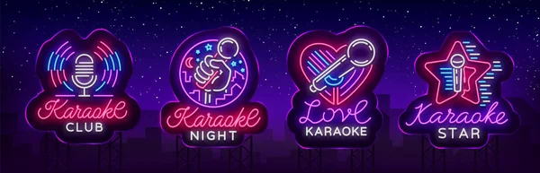 Karaoke set tanda-tanda neon. Collection adalah logo cahaya, simbol, panji cahaya. Iklan malam yang cerah karaoke bar, pesta, bar disko, klub malam. Musik langsung. Templat desain. Vektor. Billboard - Stok Vektor
