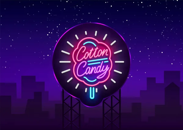 Cotton candy neonskylt. Sockervadd-logotypen i neonljus stil symbol banner, ljusa sockervadd natt reklam, billboard. Formgivningsmall. Vektorillustration. Billboard — Stock vektor