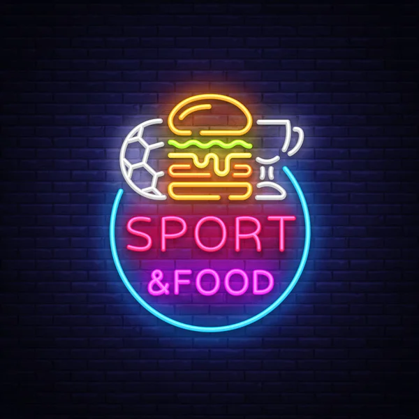 Sport Food Neon Sign Vector. Sports food logo in neon style, light signboard, bright billboard, night neon advertising, sports bar, pub, dining room, football online, fan club. Vector illustration