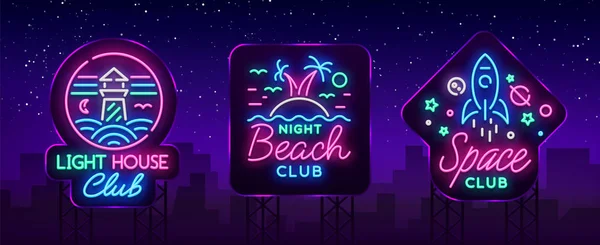 Nachtclub set neonreclames. Logo collectie in Neon stijl, symbool. Vuurtoren, strand, ruimte. Ontwerpsjabloon voor een nachtclub, Night party reclame, discotheken, feesten. Vector. Billboard — Stockvector