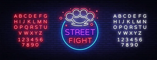 Street fight logo in neon style. Fight Club neon sign. Logo with brass knuckles. Sports neon sign on night fighting, MMA. Light banner, night bright advertising. Vector. Editing text neon sign