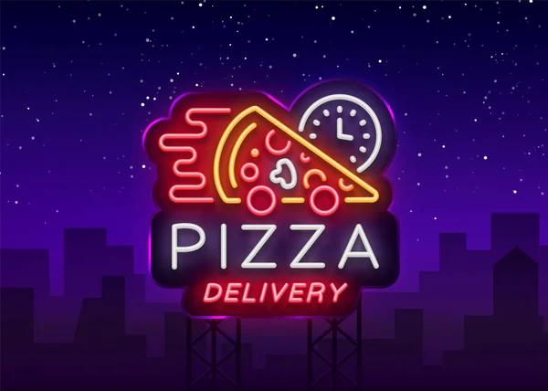 Delivery pizza neon sign. Logo in neon style, light banner, luminous symbol, bright night neon advertising food delivery for restaurant, cafe, pizzerias Italian cuisine Vector illustration. Billboard — Stock Vector