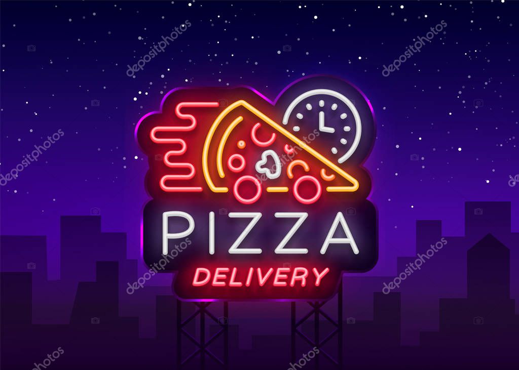 Delivery pizza neon sign. Logo in neon style, light banner, luminous symbol, bright night neon advertising food delivery for restaurant, cafe, pizzerias. Italian cuisine Vector illustration. Billboard