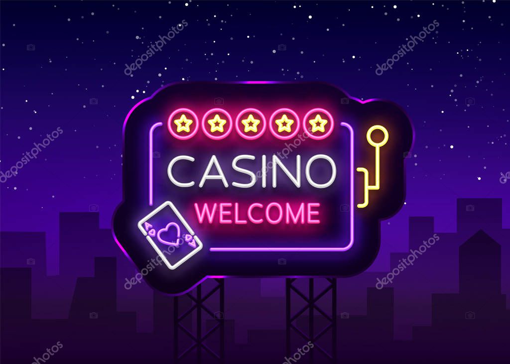 Casino welcome logo in neon style. Design template. Neon sign, light banner, night neon billboard, bright light advertising gambling, casino, poker, slot machines. Vector illustration. Billboard