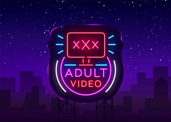 Insegna al neon video per adulti. Modello di design, neon logo xxx video, industria del sesso, banner luce, notte pubblicità luminosa. Illustrazione vettoriale. Cartellone — Vettoriale Stock