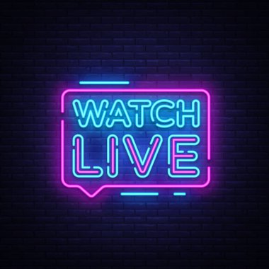 Canlı etiketi neon tabela dikkat et. Neon metin izle canlı. Çevrimiçi görünüm. Vektör çizim