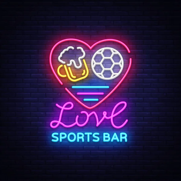 Sport Bar Logo Neon Vektor. Sport Pub Leuchtreklame, ich liebe Bier und Fußballkonzept, Nachtleben helle Aushängeschild für Sport Pub, Bar, Fanclub, Speisesaal, Fußball Cup, Fußball online. Vektor — Stockvektor