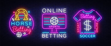 Online koleksiyonu neon işaret bahis. Spor bahisleri. At yarışı, futbol, bahis logo neon, ışık afiş, gece parlak reklam, kumar, casino Online. Vektör çizim