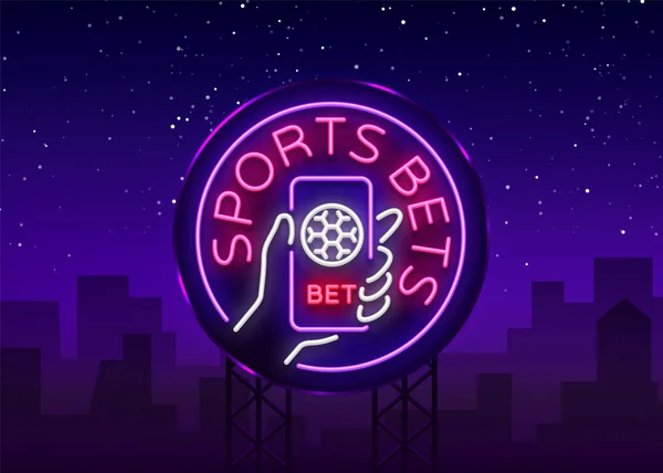 Sportspel är en neonskylt. Utforma mallen, Neon stil logotyp, ljusa banner, natt reklam för dina projekt, smartphone i handen, online betting på fotboll. Vektor. Billboard — Stock vektor