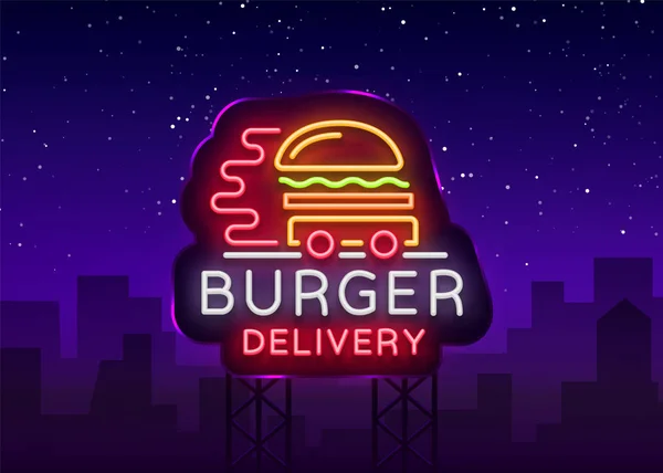 Logo pengiriman burger dalam gaya neon. Papan neon, spanduk ringan, templat desain, neon malam mengiklankan pengiriman makanan. Vektor ilustrasi. Billboard - Stok Vektor