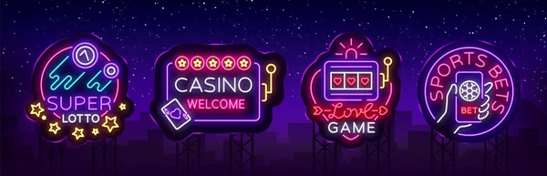 Casino samling av neonskyltar. Formgivningsmallen i neon stil. Enarmade banditer, Poker Online ljusa Logo karaktär, vinna jackpotten, Web Banner, nattliga Casino reklam. Vektor. Billboard — Stock vektor