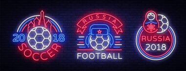 Futbol koleksiyonu Neon işaret vektör. Futbol Şampiyonası tasarım şablonu, Rus Matruşka oyuncağı, neon logo, gece tabela, ışık afiş, gece, Avrupa Futbol davete ayarlayın. Vektör