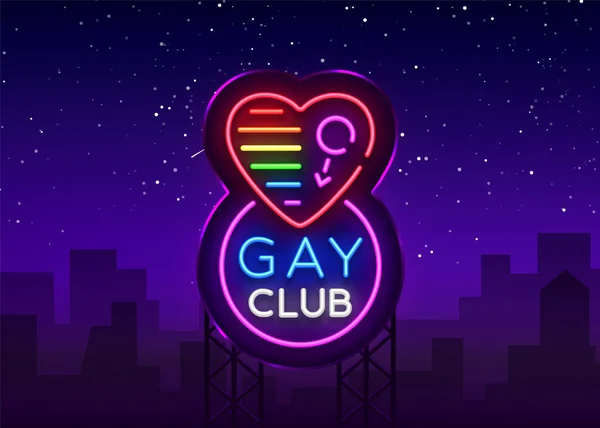 Gay club néon signe. Logo dans le style néon, bannière lumineuse, panneau d'affichage, nuit publicité lumineuse pour le club gay, lgbt, fête, société gay. L'amour entre personnes de même sexe. Modèle de conception. Panneau vectoriel — Image vectorielle