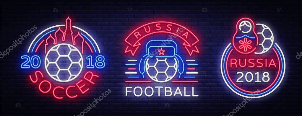 Soccer collection Neon Signs Vector. Football set Championship design template, Russian nesting doll, neon logo, night signboard, light banner, night, invitation to European football. Vector.