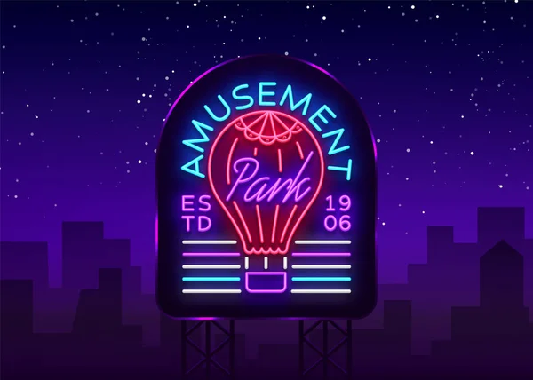 Freizeitpark-Logo im Neon-Stil. Design-Vorlage mit einem Ballon. Leuchtreklame, Lichtbanner, Designelement, helle Nachtwerbung für Ihre Projekte. Vektorillustration. Plakatwand — Stockvektor