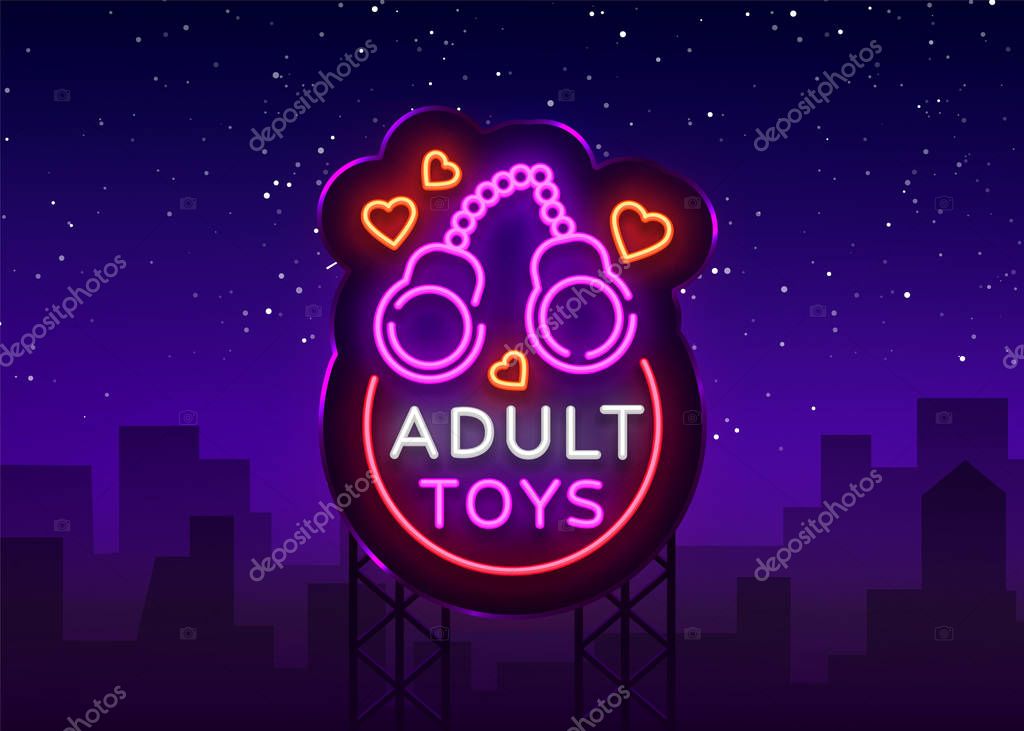 Adult toys logo in neon style. Design template, sex shop neon signs, light banner on the theme of the sex industry, vivid neon ad for your projects. Vector. Billboard.