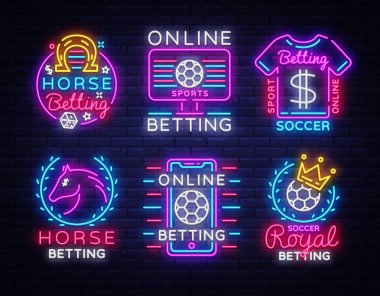 Büyük koleksiyon neon işaret bahis. Işık afiş, gece tasarım öğesi kumar, casino spor reklam, bahis bahis spor logo neon tarzı, at, futbol, futbol kavramı içinde ayarla. Vektör