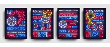 Futbol koleksiyonu posterler neon vektör. Futbol Kupası Şampiyonası 2018 kartpostal, el ilanı tasarım şablonu, ışık afiş, broşür Futbol Şampiyonası, Avrupa Futbol, tipografi için davet. Vektör