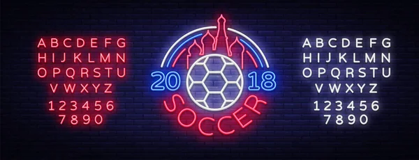 Foci 2018 Neon jel vektor. Labdarúgó-Európa-bajnokság tervezősablon, neon style logo, fényes jelzőtábla, könnyű banner, labdarúgó reklám, felhívás az európai labdarúgó. Szerkesztése szöveg Neonfény — Stock Vector