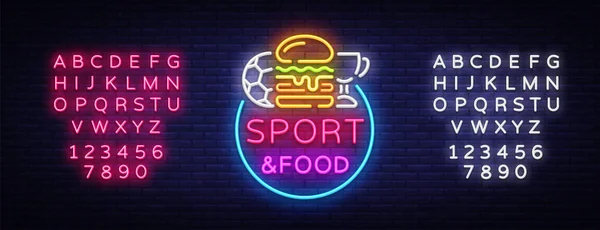 Sport Food Neon Sign Vector. Sports food logo in neon style, light signboard, bright billboard, night neon, sports bar, pub, dining room, football online, fan club. Vector. Editing text neon sign — Stock Vector